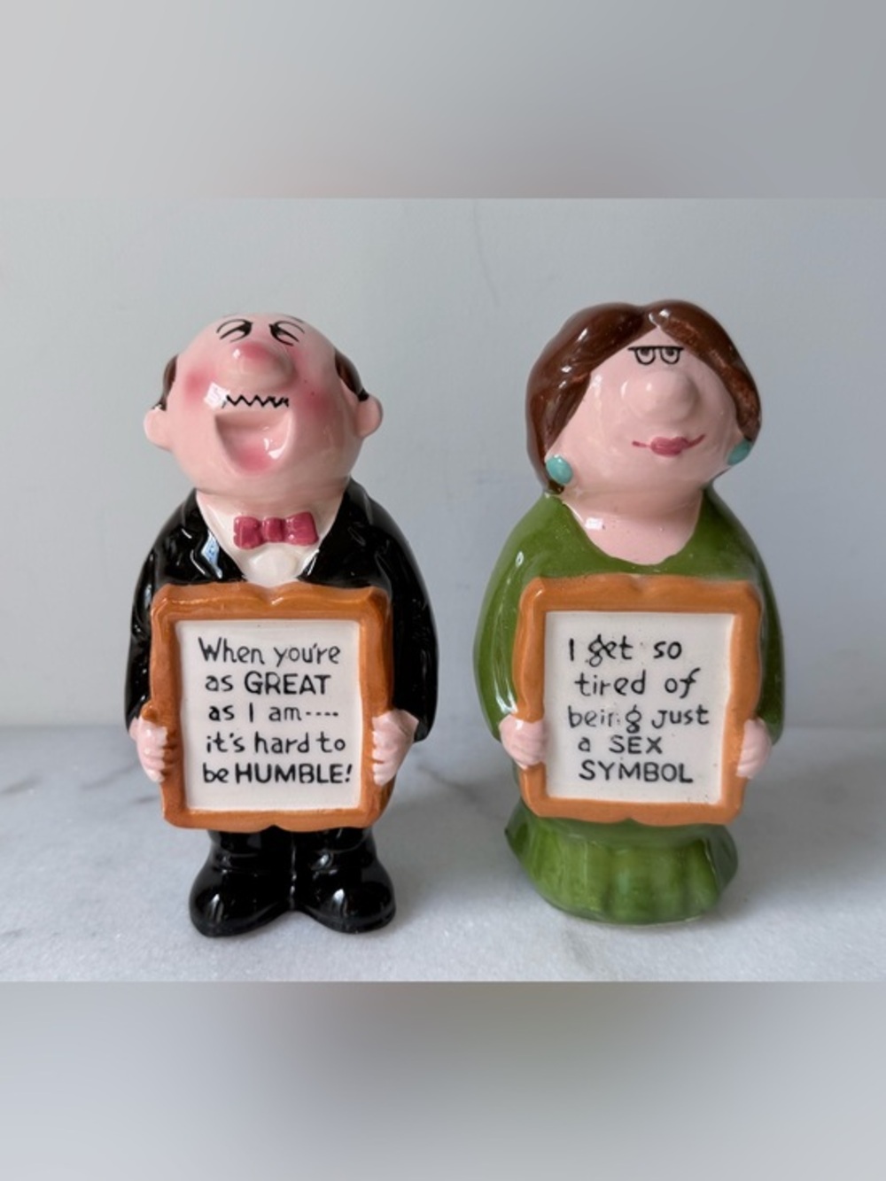 Vintage Salt & Pepper Shaker (Enesco) Woman Man (Humble/Sex Symbol)